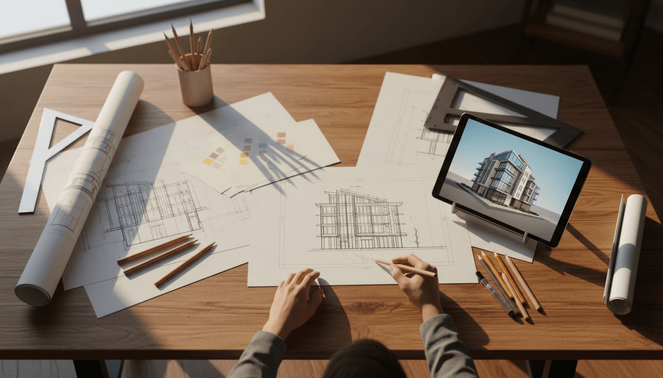 رسومات معمارية واحترافية على طاولة التصميم