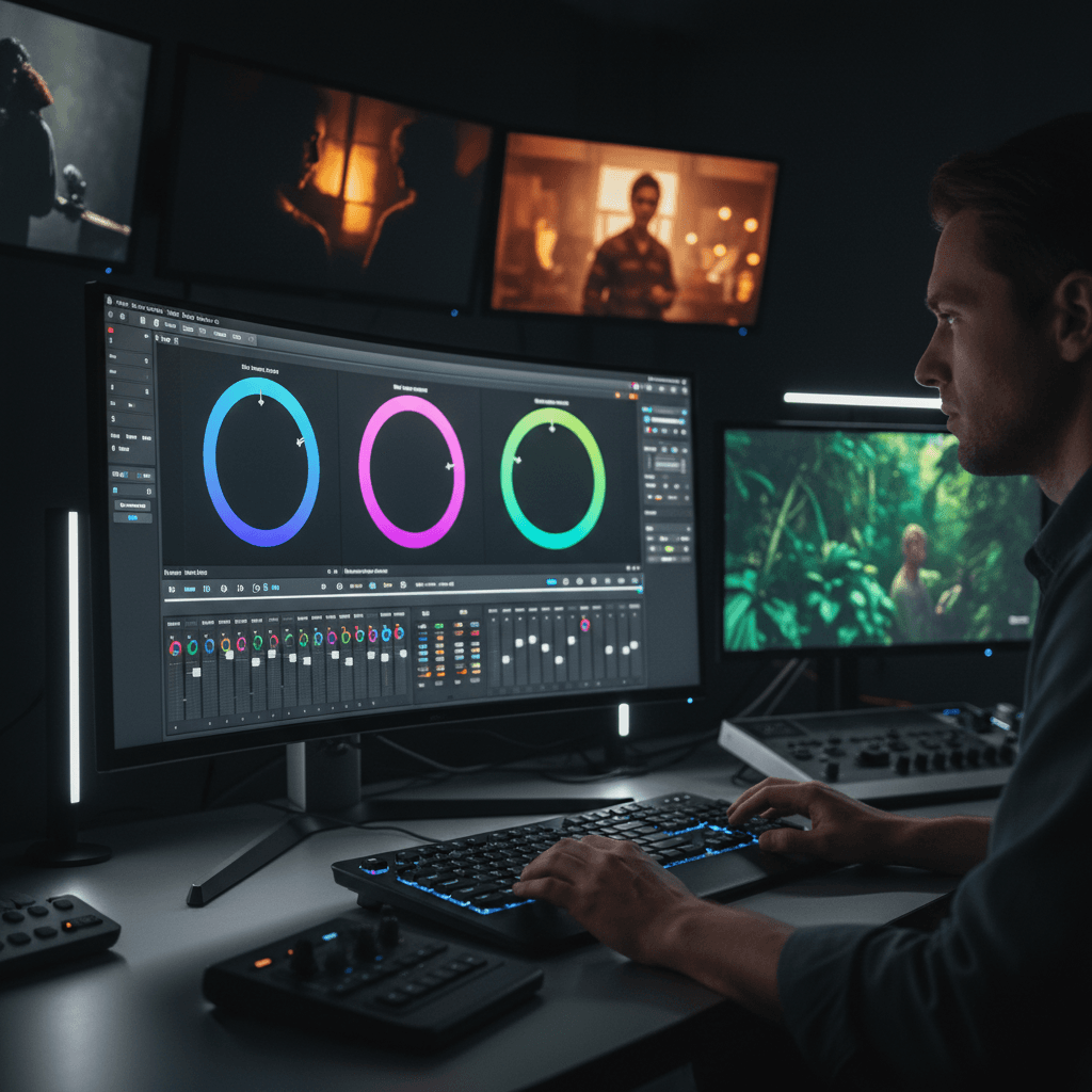 Video editor's hands adjusting color grading interface on monitor with neon-accented studio lighting