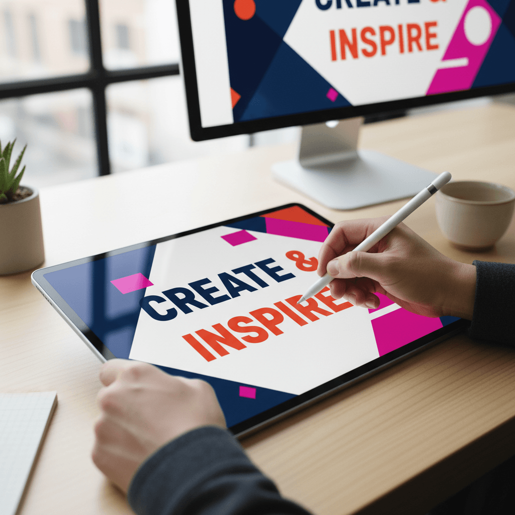Designer's hands creating bold typography on digital tablet at modern minimalist workspace with natural light