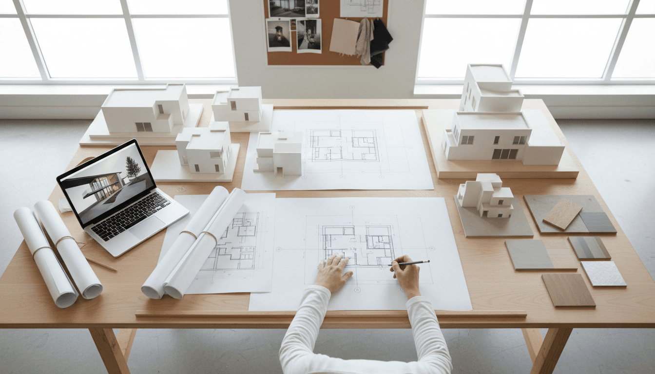 معماري يراجع مخططات معمارية وتصاميم ثلاثية الأبعاد للمشاريع